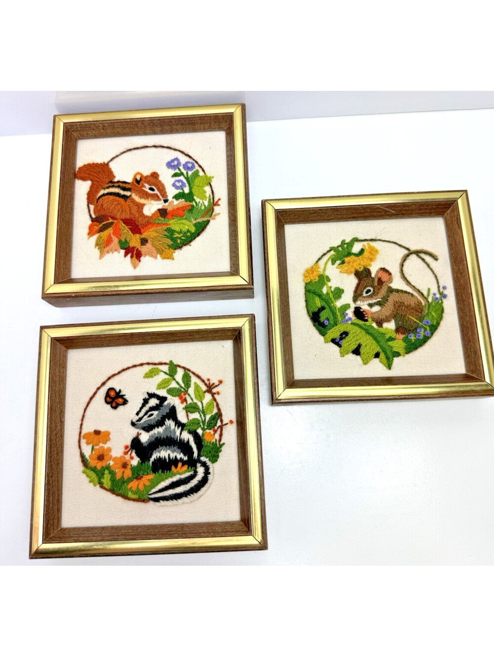 Vtg Crewel Animals Squirrel Skunk Chipmunk Sunset Set 3 70s Framed Completed